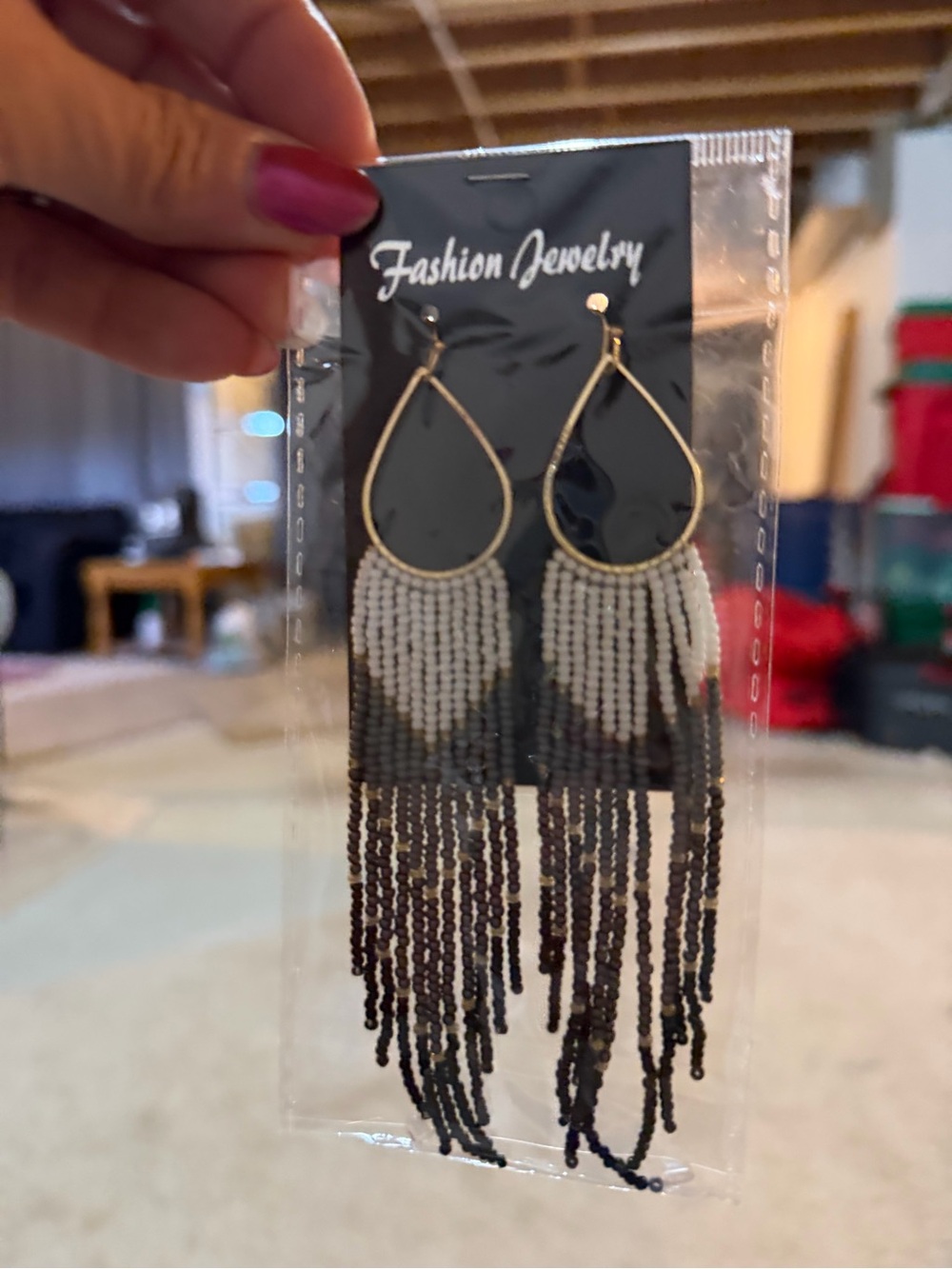 Beaded Fringe Teardrop Earrings - Black & White